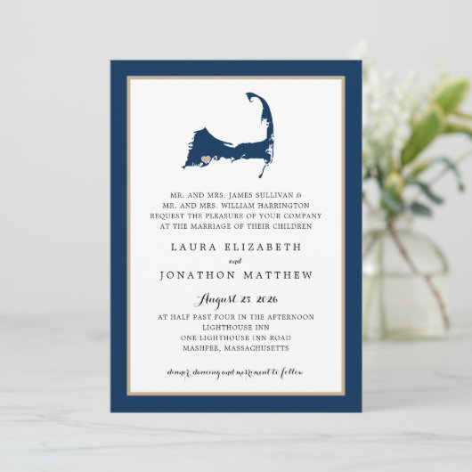 Blue Mashpee Cape Cod Map Gold Heart Wedding Einladung (Stehend Vorderseite)