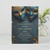 Blue Mask Masquerade Party Geburtstag Einladung (Stehend Vorderseite)