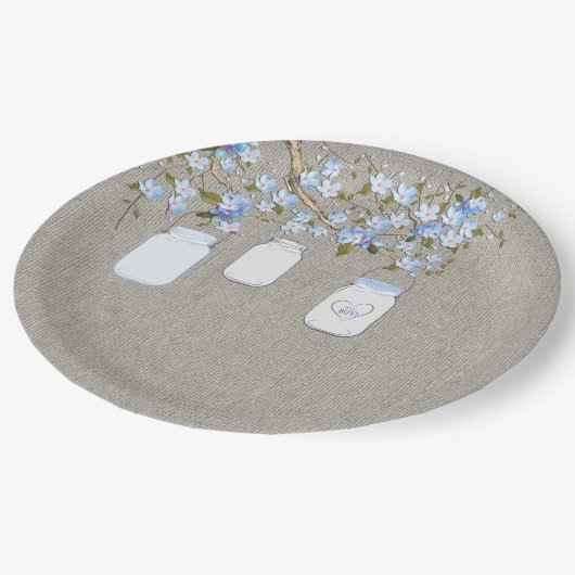 Blue Mason Jar Burlap Boys Baby Shower Pappteller (Schrägansicht)