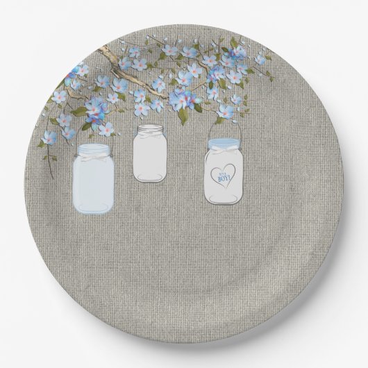 Blue Mason Jar Burlap Boys Baby Shower Pappteller (Vorderseite)