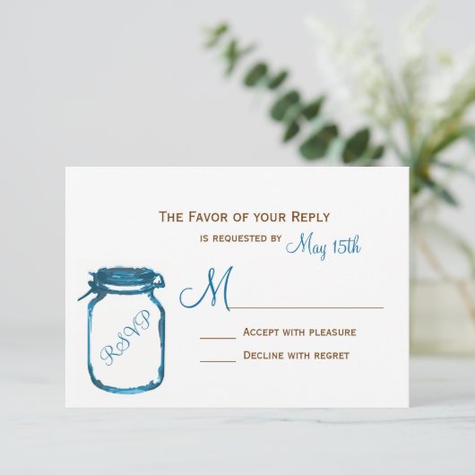 Blue Mason Jar Country Rustic Wedding RSVP Cards (Stehend Vorderseite)