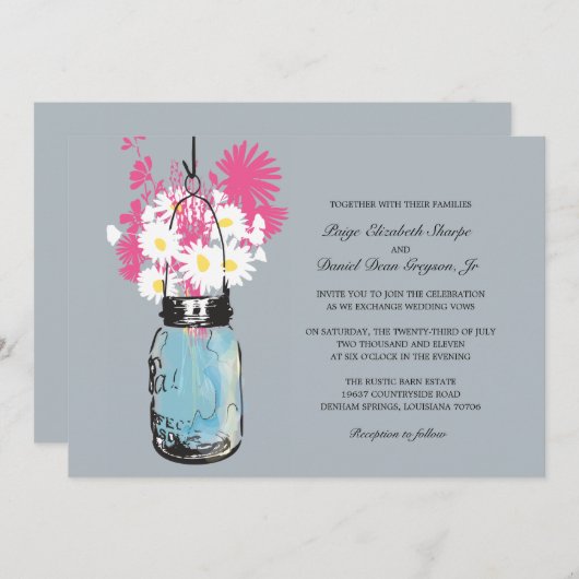 Blue Mason Jar Daisies und Wildblumen Hochzeiten Einladung (Vorne/Hinten)