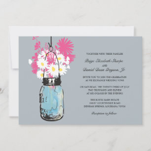 Blue Mason Jar Daisies und Wildblumen Hochzeiten Einladung