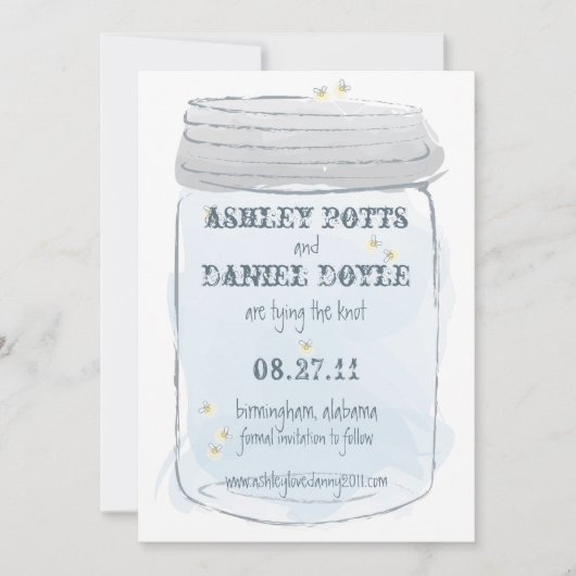 Blue Mason Jar & Fireflies Save the Date (Vorderseite)