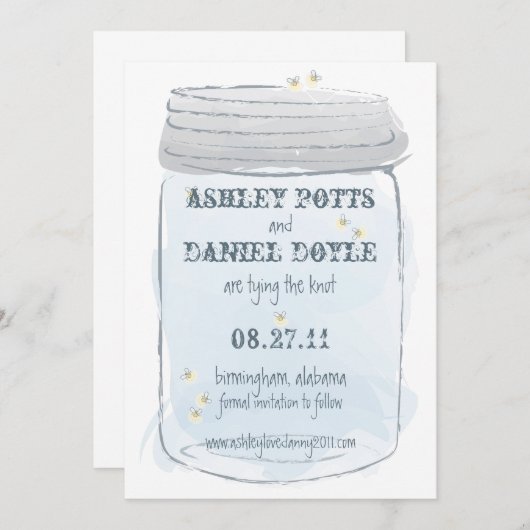 Blue Mason Jar & Fireflies Save the Date (Vorne/Hinten)