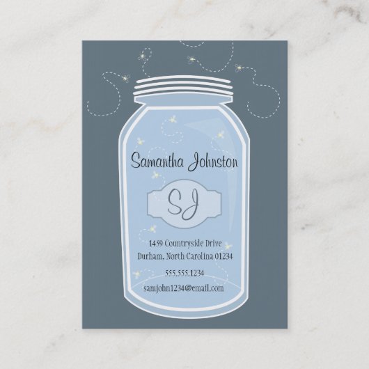 Blue Mason Jar & Fireflies Save the Date Visitenkarte (Vorderseite)