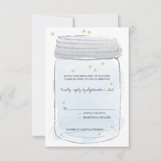 Blue Mason Jar & Fireflies Wedding RSVP Karte (Vorderseite)