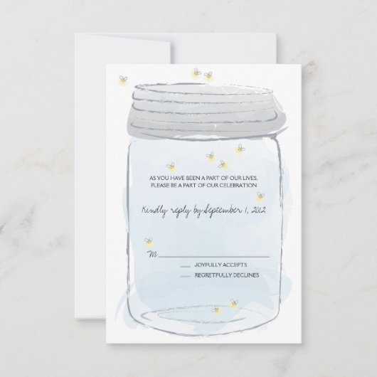 Blue Mason Jar & Fireflies Wedding RSVP Karte (Vorderseite)
