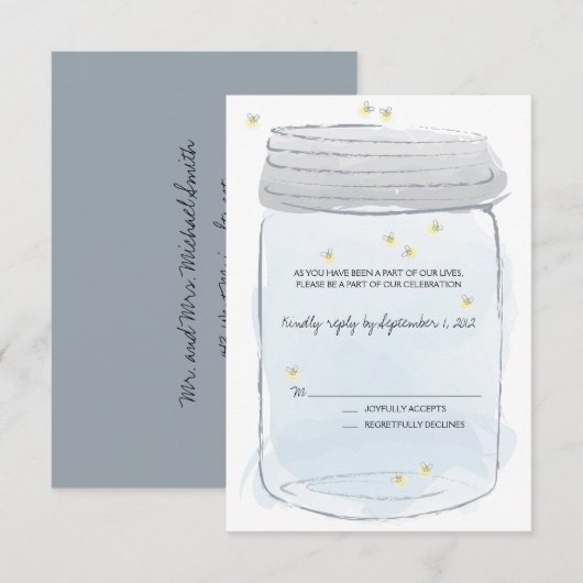 Blue Mason Jar & Fireflies Wedding RSVP Karte (Vorne/Hinten)