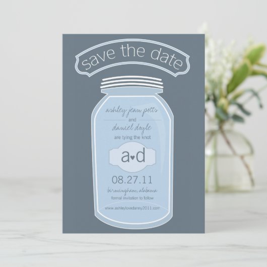 Blue Mason Jar Save the Date (Stehend Vorderseite)