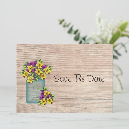 Blue Mason Jar Stiefmütterchen Save the Date (Stehend Vorderseite)
