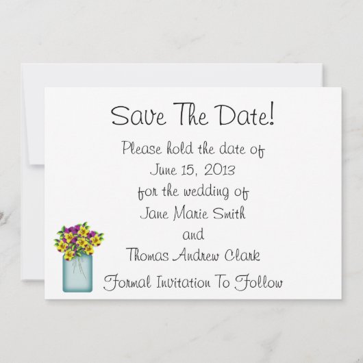 Blue Mason Jar Stiefmütterchen Save the Date (Rückseite)