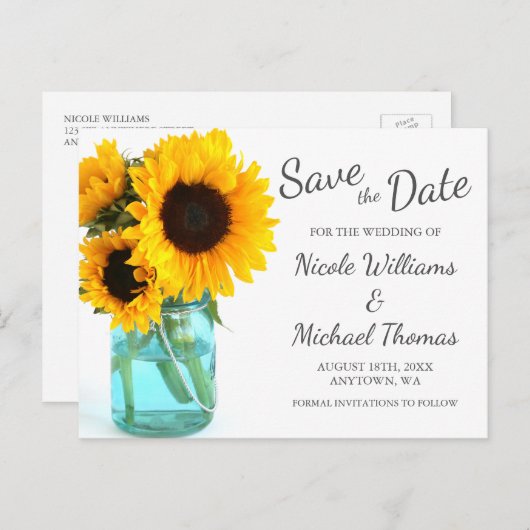 Blue Mason Jar Sunblumen Save the Date Ankündigungspostkarte (Vorne/Hinten)