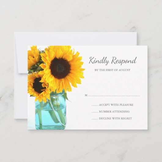 Blue Mason Jar Sunflowers Wedding RSVP Karte (Vorderseite)