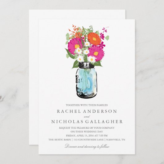 Blue Mason Jar und Gerber Daisies Wedding Einladung (Vorne/Hinten)