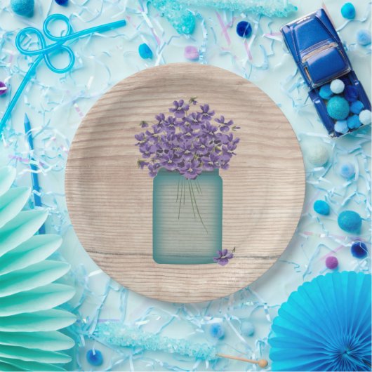 Blue Mason Jar Violets Pappteller (Party)