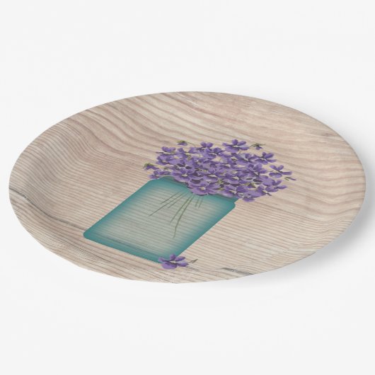 Blue Mason Jar Violets Pappteller (Schrägansicht)