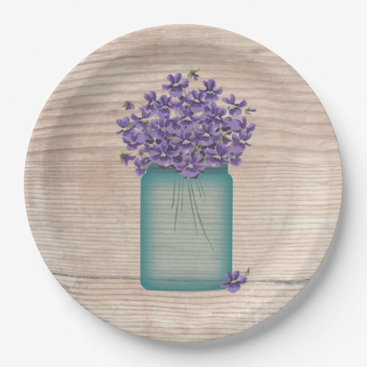 Blue Mason Jar Violets Pappteller (Vorderseite)