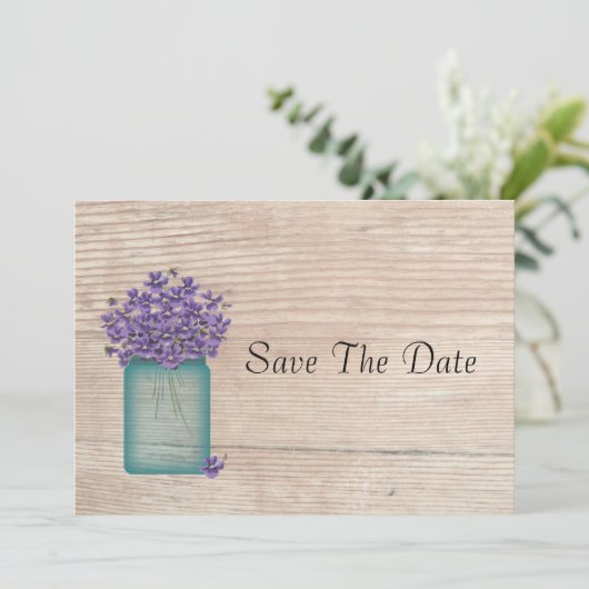Blue Mason Jar Violets Save the Date (Stehend Vorderseite)