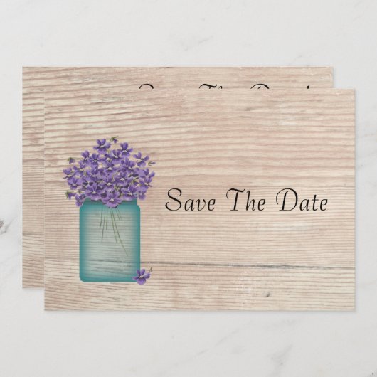 Blue Mason Jar Violets Save the Date (Vorne/Hinten)