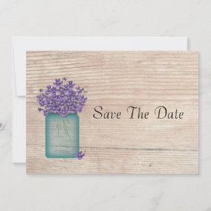 Blue Mason Jar Violets Save the Date