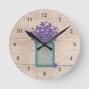 Blue Mason Jar Violets Wall Clock Runde Wanduhr