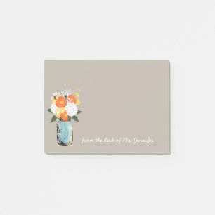 Blue Mason Jar White Hydrangeas Orange Daisies Post-it Klebezettel