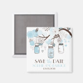Blue Mason Jars & Blume Speichern Sie das Date Mag Magnet (Vorderseite/Rückseite)