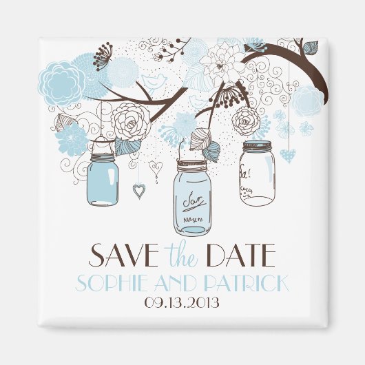 Blue Mason Jars & Blume Speichern Sie das Date Mag Magnet (Vorne)