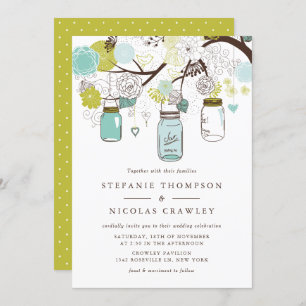 Blue Mason Jars und Blume Hochzeiten Einladungen