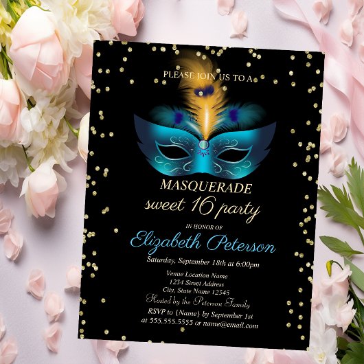 Blue Masque Diamonds Masquerade Sweet 16 Einladungspostkarte
