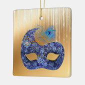 Blue Masquerade Mask and Peacock Feather on Gold Keramikornament (Links)