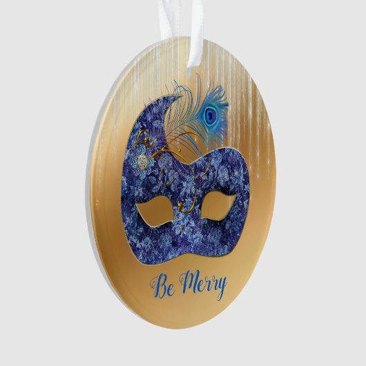 Blue Masquerade Mask and Peacock Feather on Gold Ornament (Vorderseite)