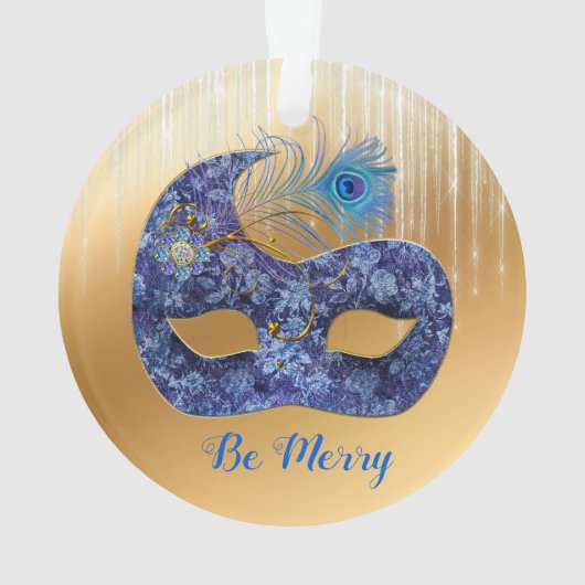 Blue Masquerade Mask and Peacock Feather on Gold Ornament (Rückseite)
