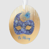 Blue Masquerade Mask and Peacock Feather on Gold Ornament (Vorderseite)