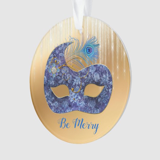 Blue Masquerade Mask and Peacock Feather on Gold Ornament (Vorderseite)