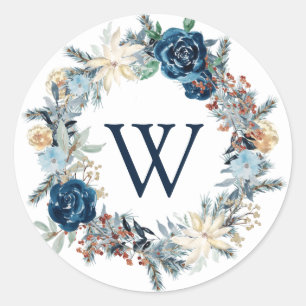 Blue Mattiert Monogram Wreath Holiday Sticker