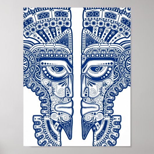 Blue Mayan Twins Mask Illusion in White Poster (Vorne)