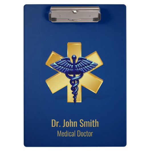 Blue Medical 3D Caduceus Gold Cross Klemmbrett (Vorderseite)