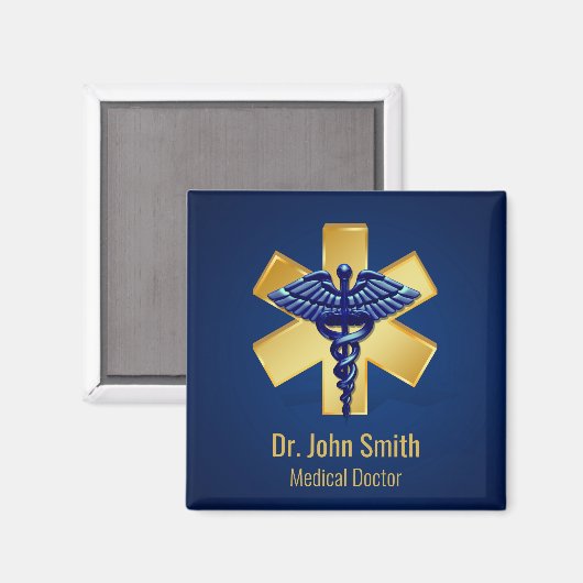 Blue Medical 3D Caduceus Gold Cross Magnet (Vorderseite/Rückseite)