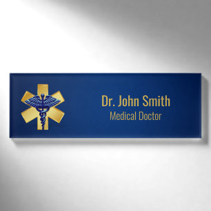 Blue Medical 3D Caduceus Gold Cross Namenschild