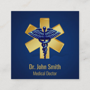 Blue Medical 3D Caduceus Gold Cross Quadratische Visitenkarte