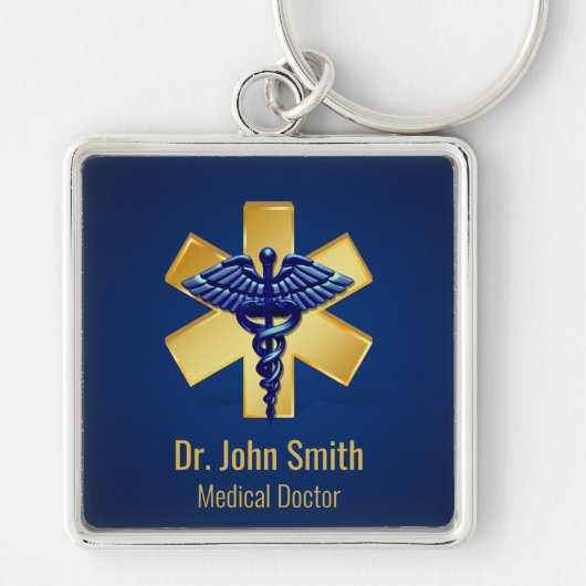 Blue Medical 3D Caduceus Gold Cross Schlüsselanhänger (Vorne)