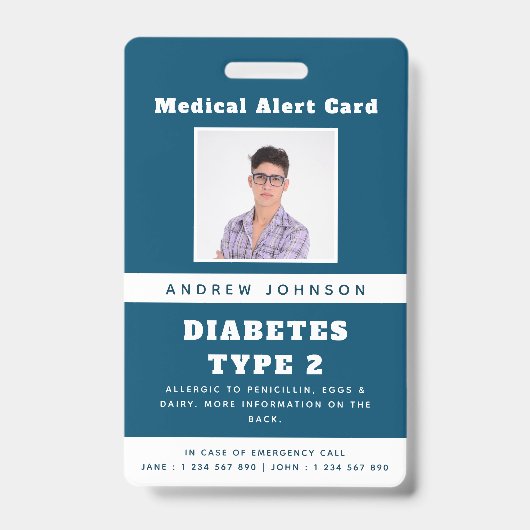 Blue Medical Alert Emergency ID Foto Adult Name Ausweis (Vorderseite)