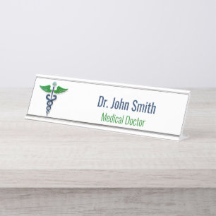 Blue Medical Caduceus Green Wings Cross Stilvoll Schreibtischnamensplakette