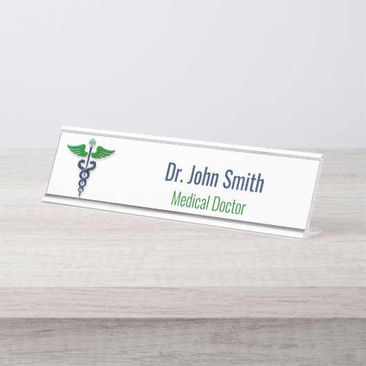 Blue Medical Caduceus Green Wings Cross Stilvoll Schreibtischnamensplakette (Vorderseite )