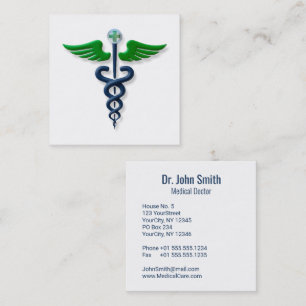 Blue Medical Caduceus Green Wings Stilvolles Kreuz Quadratische Visitenkarte