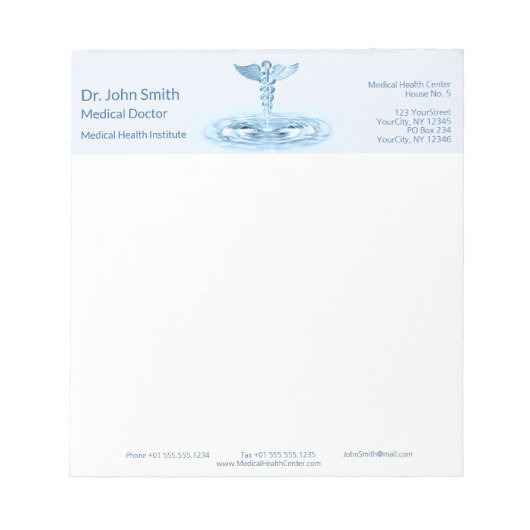 Blue Medical Caduceus Water Ripples Hermes Rod Notizblock (Vorderseite)