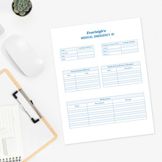 Blue Medical Emergency ID Custom Planer Page