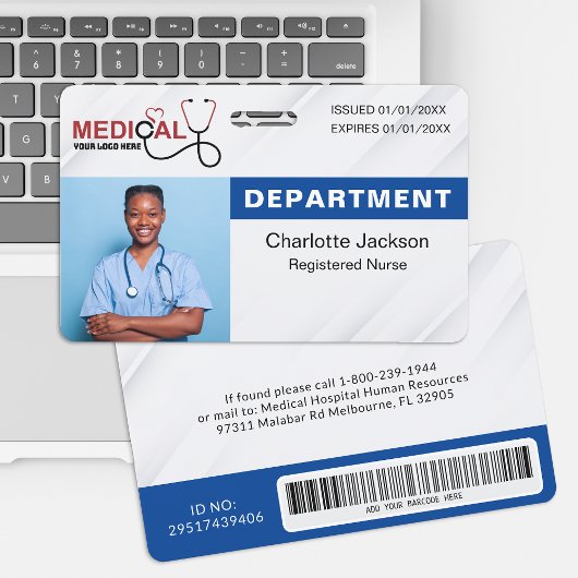 Blue Medical ID Abzeichen mit Foto & Strichcode Ausweis